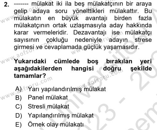 İnsan Kaynakları Yönetimi Dersi 2023 - 2024 Yılı (Final) Dönem Sonu Sınavı 2. Soru