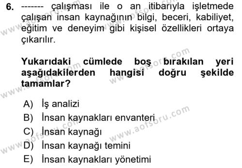 İnsan Kaynakları Yönetimi Dersi 2023 - 2024 Yılı (Final) Dönem Sonu Sınavı 6. Soru