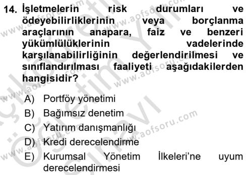 Sermaye Piyasaları ve Finansal Kurumlar Dersi 2020 - 2021 Yılı Yaz Okulu Sınavı 14. Soru