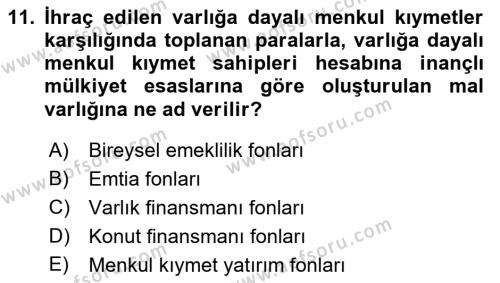 Sermaye Piyasaları ve Finansal Kurumlar Dersi 2021 - 2022 Yılı (Vize) Ara Sınavı 11. Soru