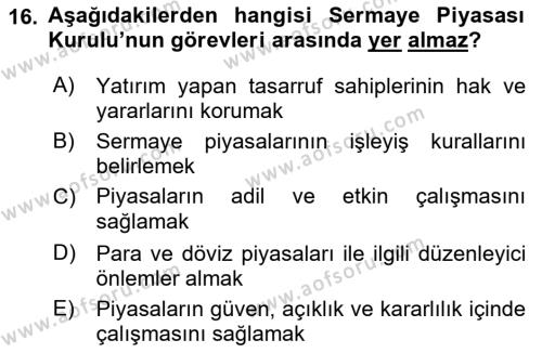 Sermaye Piyasaları ve Finansal Kurumlar Dersi 2021 - 2022 Yılı (Vize) Ara Sınavı 16. Soru