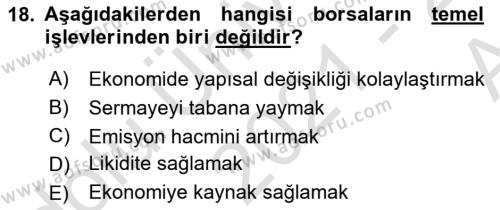 Sermaye Piyasaları ve Finansal Kurumlar Dersi 2021 - 2022 Yılı (Vize) Ara Sınavı 18. Soru