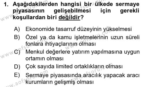 Sermaye Piyasaları ve Finansal Kurumlar Dersi 2022 - 2023 Yılı (Vize) Ara Sınavı 1. Soru