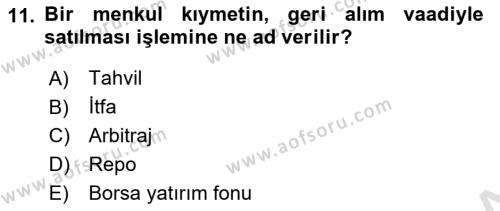 Sermaye Piyasaları ve Finansal Kurumlar Dersi 2022 - 2023 Yılı (Vize) Ara Sınavı 11. Soru