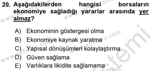 Sermaye Piyasaları ve Finansal Kurumlar Dersi 2022 - 2023 Yılı (Vize) Ara Sınavı 20. Soru