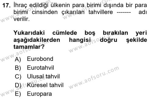 Sermaye Piyasaları ve Finansal Kurumlar Dersi 2022 - 2023 Yılı Yaz Okulu Sınavı 17. Soru