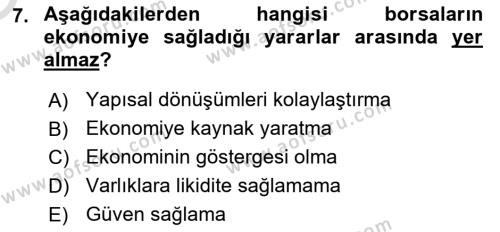 Sermaye Piyasaları ve Finansal Kurumlar Dersi 2022 - 2023 Yılı Yaz Okulu Sınavı 7. Soru