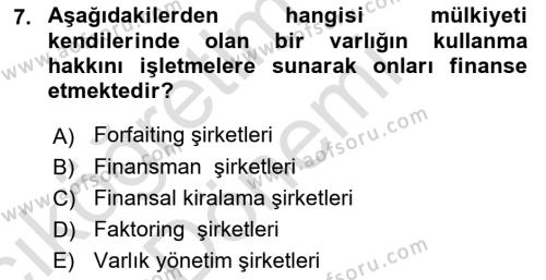 Sermaye Piyasaları ve Finansal Kurumlar Dersi 2023 - 2024 Yılı (Vize) Ara Sınavı 7. Soru