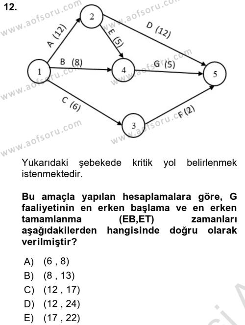 Sayısal Karar Verme Teknikleri Dersi 2021 - 2022 Yılı (Final) Dönem Sonu Sınavı 12. Soru