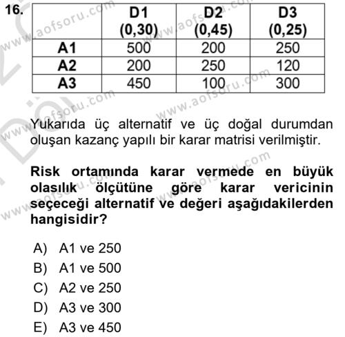 Sayısal Karar Verme Teknikleri Dersi 2021 - 2022 Yılı (Final) Dönem Sonu Sınavı 16. Soru