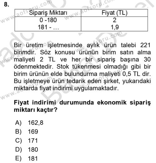 Sayısal Karar Verme Teknikleri Dersi 2021 - 2022 Yılı (Final) Dönem Sonu Sınavı 8. Soru