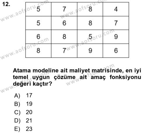 Sayısal Karar Verme Teknikleri Dersi 2021 - 2022 Yılı Yaz Okulu Sınavı 12. Soru