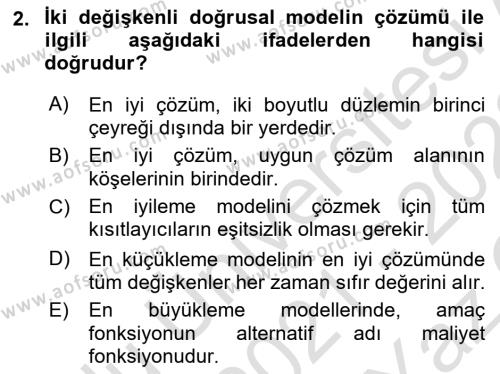 Sayısal Karar Verme Teknikleri Dersi 2021 - 2022 Yılı Yaz Okulu Sınavı 2. Soru