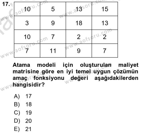 Sayısal Karar Verme Teknikleri Dersi 2023 - 2024 Yılı (Vize) Ara Sınavı 17. Soru