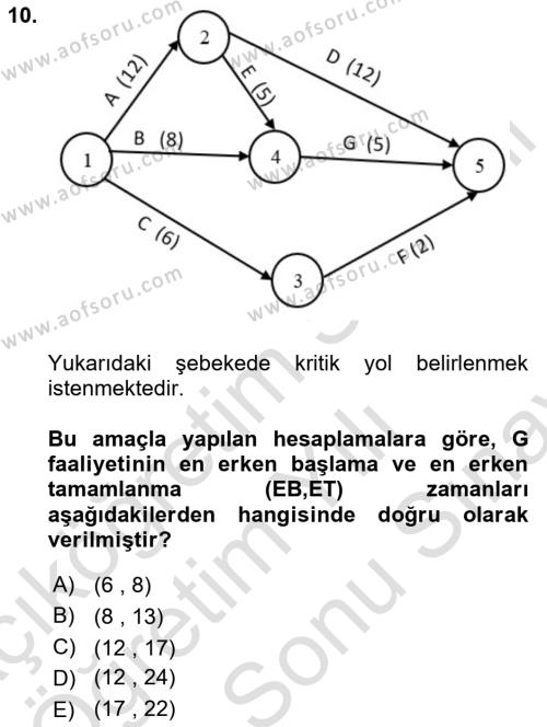 Sayısal Karar Verme Teknikleri Dersi 2023 - 2024 Yılı (Final) Dönem Sonu Sınavı 10. Soru