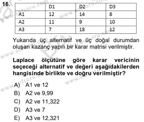 Sayısal Karar Verme Teknikleri Dersi 2023 - 2024 Yılı (Final) Dönem Sonu Sınavı 16. Soru