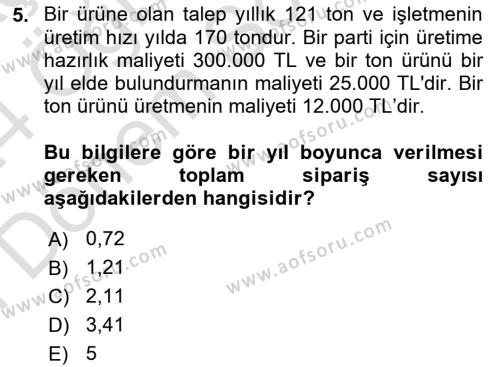 Sayısal Karar Verme Teknikleri Dersi 2023 - 2024 Yılı (Final) Dönem Sonu Sınavı 5. Soru