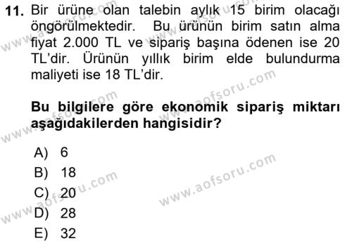 Sayısal Karar Verme Teknikleri Dersi 2023 - 2024 Yılı Yaz Okulu Sınavı 11. Soru