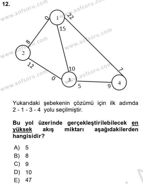 Sayısal Karar Verme Teknikleri Dersi 2023 - 2024 Yılı Yaz Okulu Sınavı 12. Soru