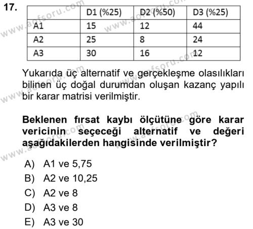 Sayısal Karar Verme Teknikleri Dersi 2023 - 2024 Yılı Yaz Okulu Sınavı 17. Soru