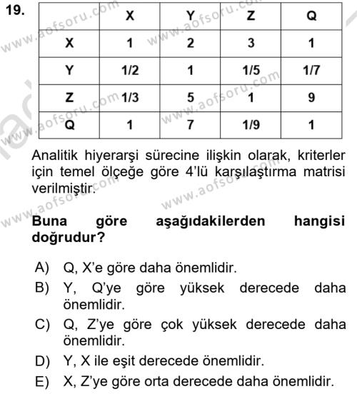 Sayısal Karar Verme Teknikleri Dersi 2023 - 2024 Yılı Yaz Okulu Sınavı 19. Soru