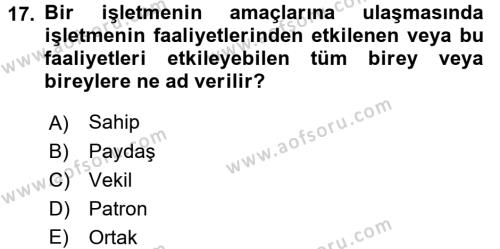 Stratejik Yönetim 2 Dersi 2017 - 2018 Yılı 3 Ders Sınavı 17. Soru