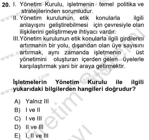 Stratejik Yönetim 2 Dersi 2018 - 2019 Yılı 3 Ders Sınavı 20. Soru