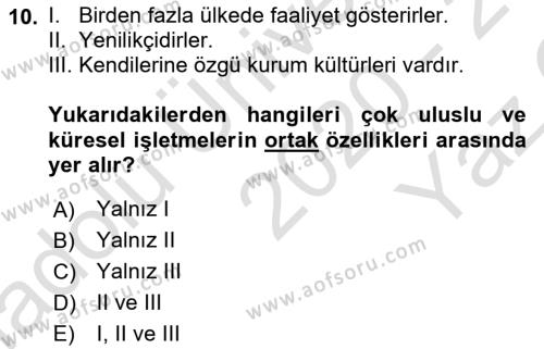 Stratejik Yönetim 2 Dersi 2020 - 2021 Yılı Yaz Okulu Sınavı 10. Soru