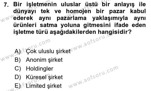 Stratejik Yönetim 2 Dersi 2020 - 2021 Yılı Yaz Okulu Sınavı 7. Soru