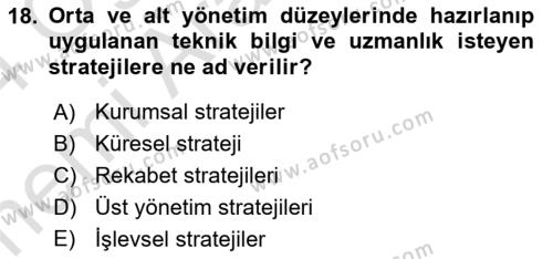 Stratejik Yönetim 2 Dersi 2023 - 2024 Yılı (Vize) Ara Sınavı 18. Soru