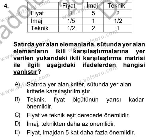 İşletmelerde Karar Verme Teknikleri Dersi 2018 - 2019 Yılı (Final) Dönem Sonu Sınavı 4. Soru