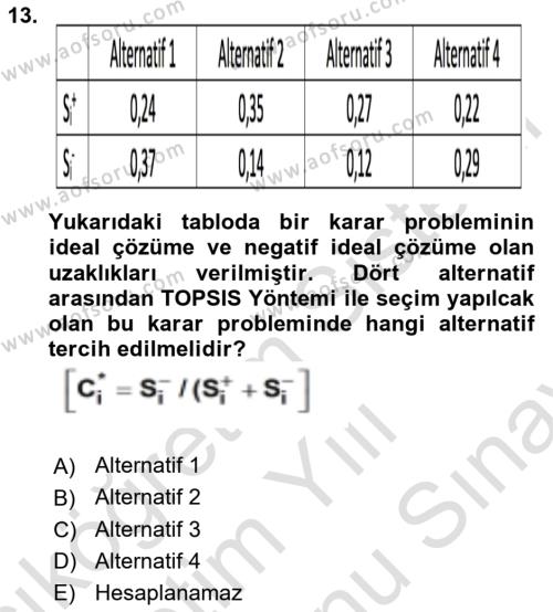 İşletmelerde Karar Verme Teknikleri Dersi 2021 - 2022 Yılı (Final) Dönem Sonu Sınavı 13. Soru