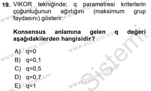 İşletmelerde Karar Verme Teknikleri Dersi 2021 - 2022 Yılı (Final) Dönem Sonu Sınavı 19. Soru