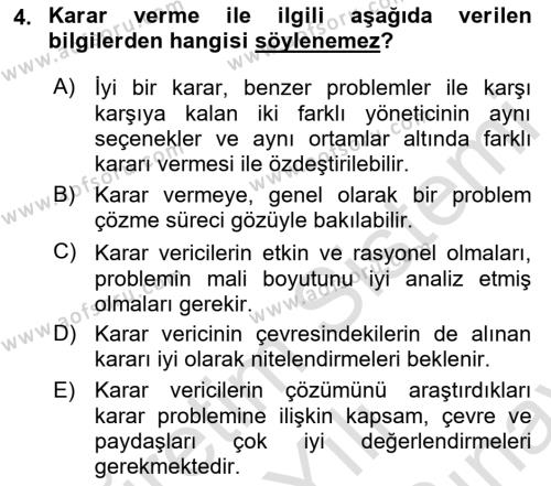 İşletmelerde Karar Verme Teknikleri Dersi 2021 - 2022 Yılı (Final) Dönem Sonu Sınavı 4. Soru