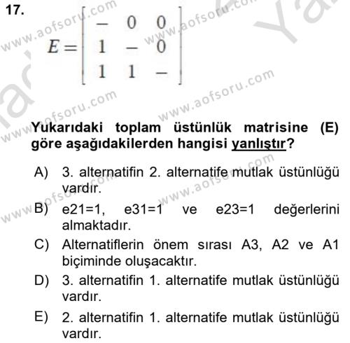 İşletmelerde Karar Verme Teknikleri Dersi 2021 - 2022 Yılı Yaz Okulu Sınavı 17. Soru