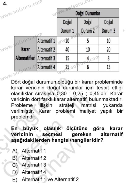 İşletmelerde Karar Verme Teknikleri Dersi 2021 - 2022 Yılı Yaz Okulu Sınavı 4. Soru