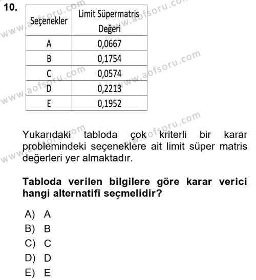 İşletmelerde Karar Verme Teknikleri Dersi 2022 - 2023 Yılı Yaz Okulu Sınavı 10. Soru