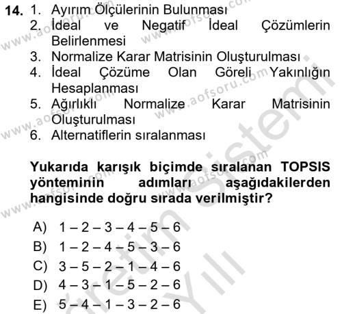 İşletmelerde Karar Verme Teknikleri Dersi 2022 - 2023 Yılı Yaz Okulu Sınavı 14. Soru