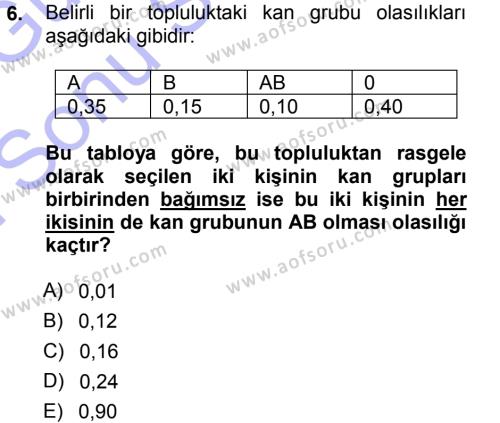 İstatistik 1 Dersi 2012 - 2013 Yılı (Final) Dönem Sonu Sınavı 6. Soru