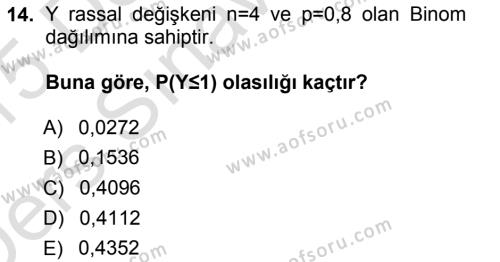 İstatistik 1 Dersi 2014 - 2015 Yılı Tek Ders Sınavı 14. Soru