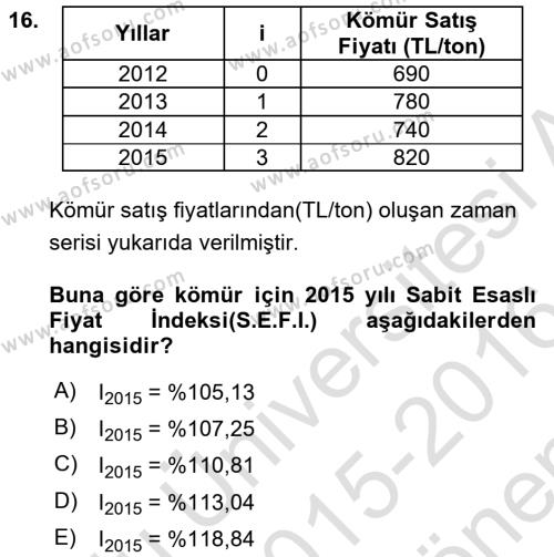 İstatistik 2 Dersi 2015 - 2016 Yılı (Final) Dönem Sonu Sınavı 16. Soru