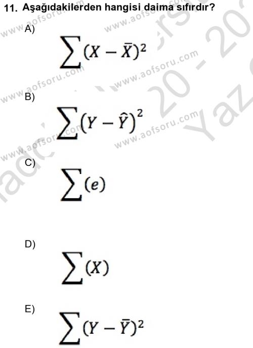 İstatistik 2 Dersi 2020 - 2021 Yılı Yaz Okulu Sınavı 11. Soru