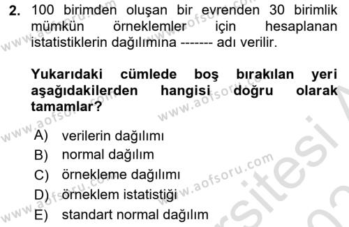 İstatistik 2 Dersi 2020 - 2021 Yılı Yaz Okulu Sınavı 2. Soru