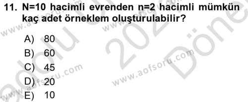 İstatistik Dersi 2021 - 2022 Yılı (Final) Dönem Sonu Sınavı 11. Soru