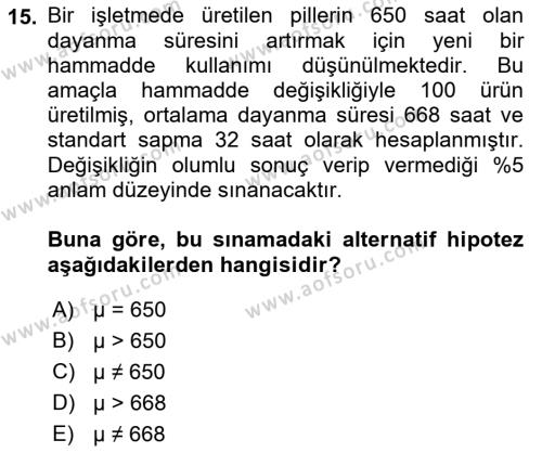 İstatistik Dersi 2022 - 2023 Yılı (Final) Dönem Sonu Sınavı 15. Soru