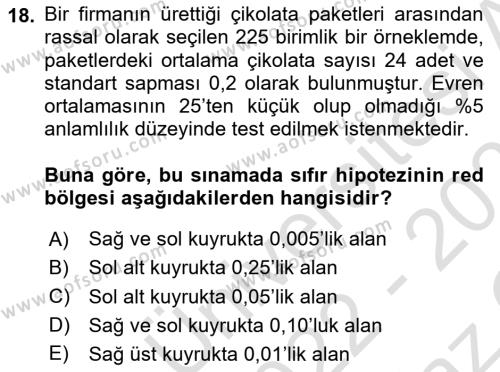 İstatistik Dersi 2022 - 2023 Yılı Yaz Okulu Sınavı 18. Soru