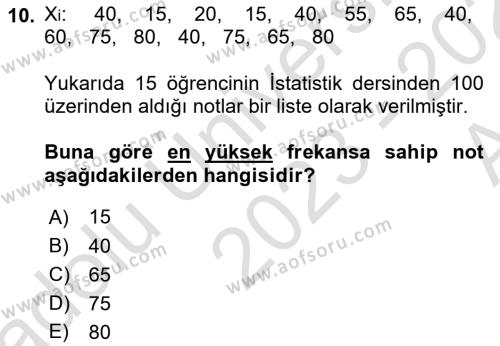 İstatistik Dersi 2023 - 2024 Yılı (Vize) Ara Sınavı 10. Soru