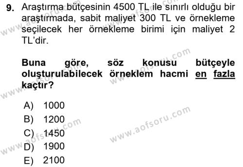 İstatistik Dersi 2023 - 2024 Yılı (Final) Dönem Sonu Sınavı 9. Soru