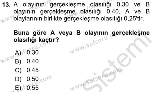 İstatistik Dersi 2023 - 2024 Yılı Yaz Okulu Sınavı 13. Soru