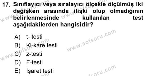 Tıbbi İstatistik Dersi 2018 - 2019 Yılı Yaz Okulu Sınavı 17. Soru